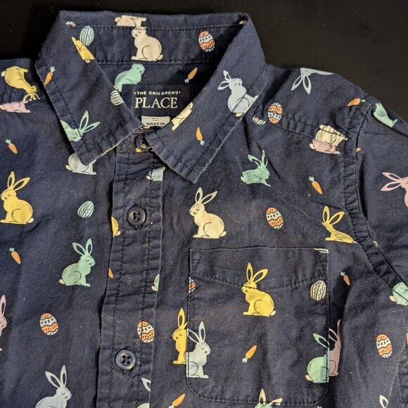 The Children's Place Boys 5T Easter Bunny Navy Blue Button Up Shirt Spring - Picture 2 of 8